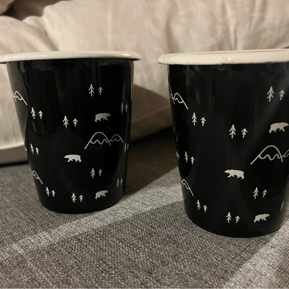 The Lakehouse Other - Black Enamel Mugs with Bear and Tree Design